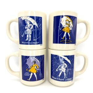 Vintage Morton Salt Girl Coffee Mug Set 4 Historical Logos 1914-1968 Cream Blue